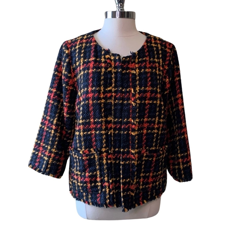 A NEW DAY Black Red Plaid Woven Jacket Size XL Open Long Sleeve Raw Hem